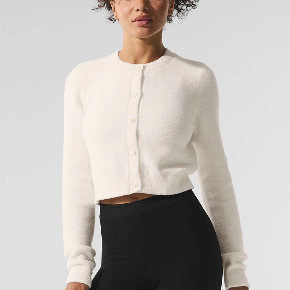 ALO Yoga Cropped Sweater Ivory Women Size Large- Super Soft,Button Front. Luxury
